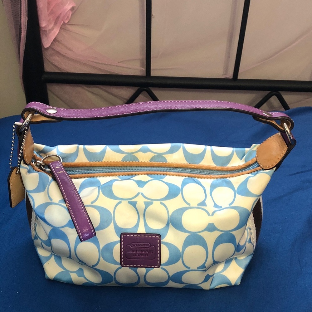 Coach Blue and Cream Shoulder Bag with Purple Accents